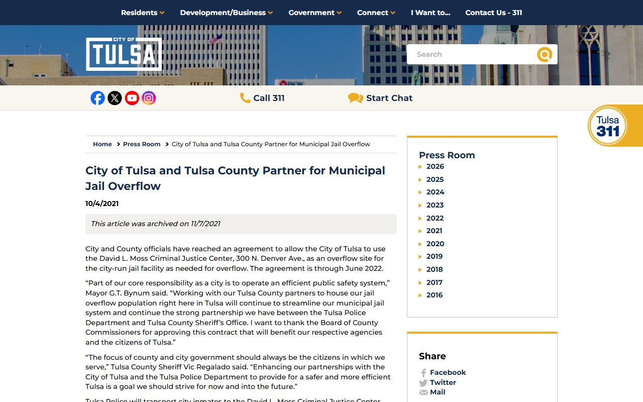 City of Tulsa article about municipal jail overflow agreement with Tulsa County