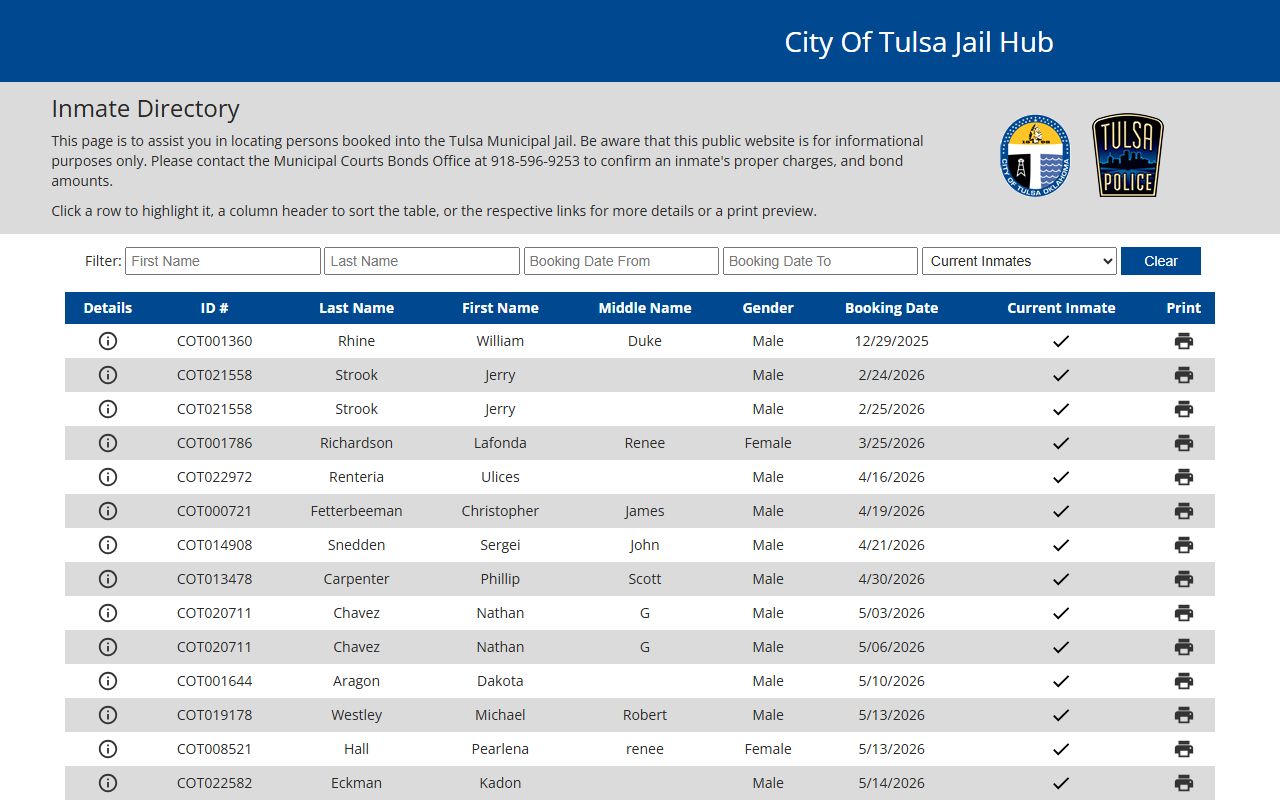 City of Tulsa municipal inmate directory search form