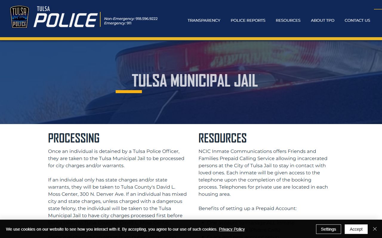 Tulsa Police municipal jail page with facility capacity and phone information