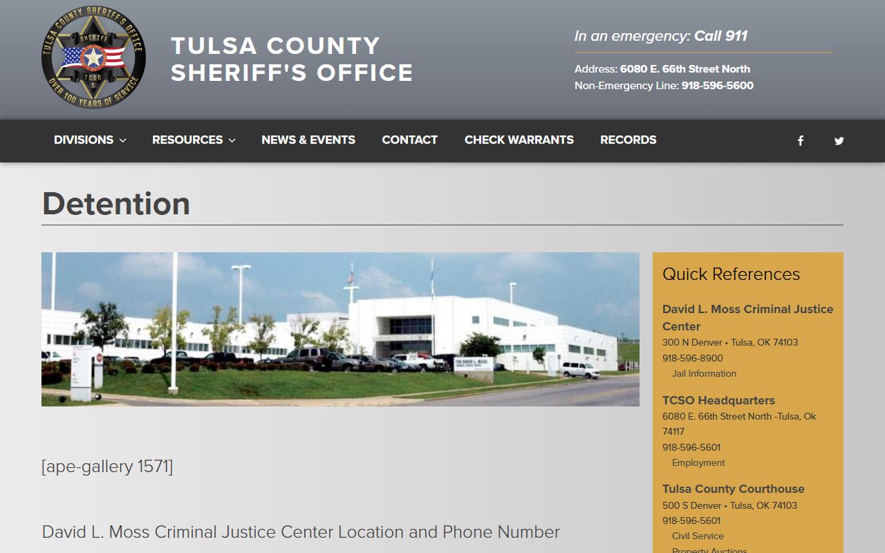 Tulsa County inmate population detention division page