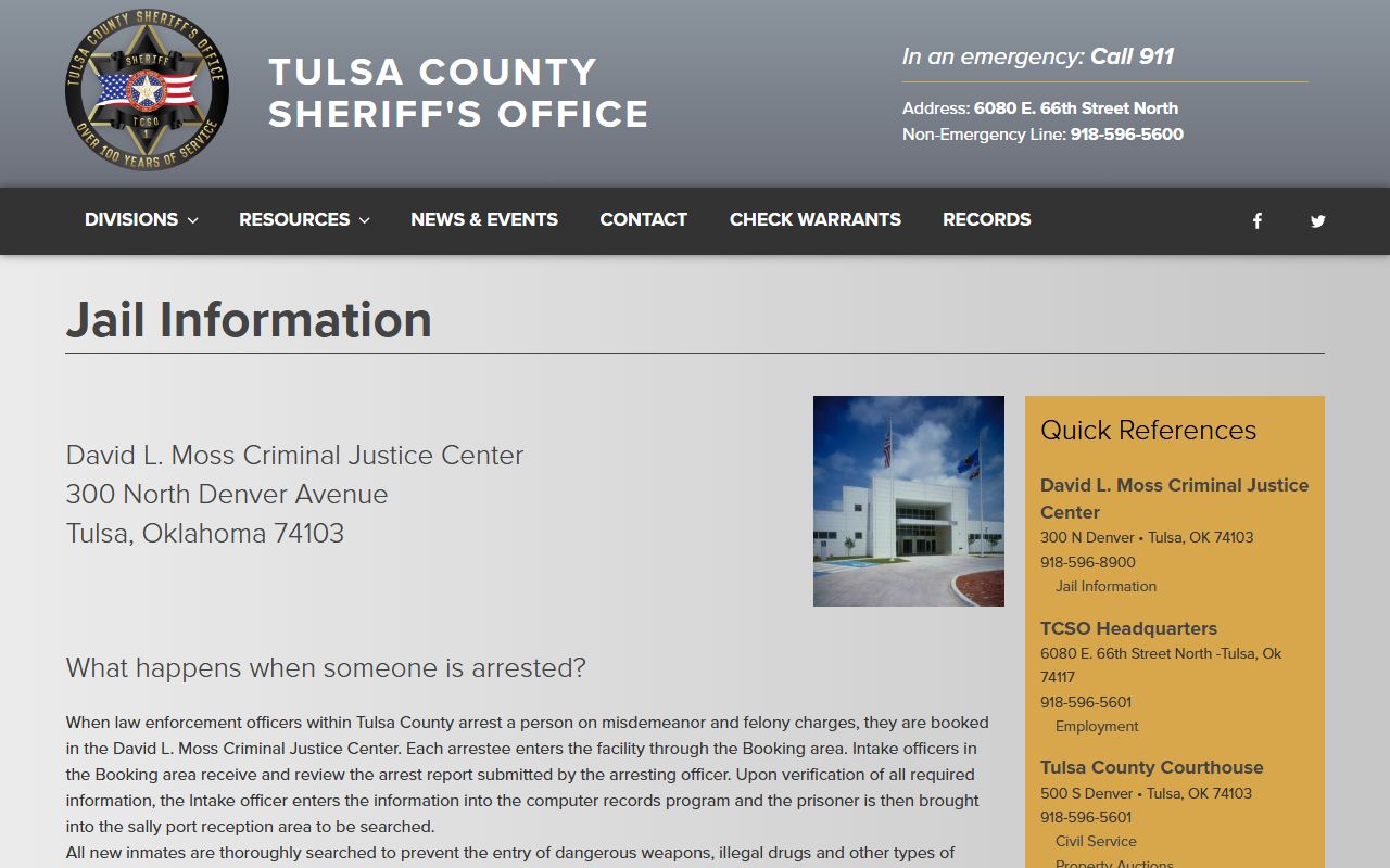 Tulsa County inmate records jail information page
