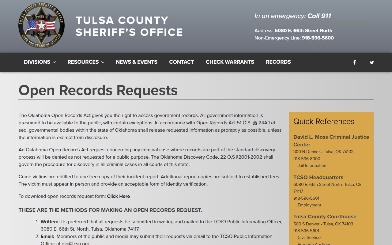 Tulsa County jail mugshots open records request page