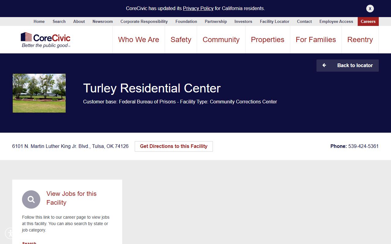 CoreCivic Turley Residential Center facility page